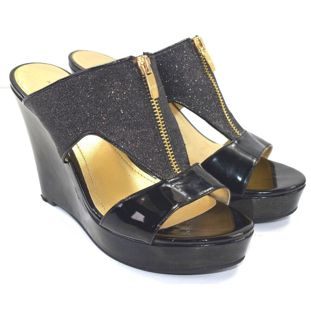 Marc Fisher Women's Winner 2 Black Gold Patent Platform Wedge Sandal Sz 8.5M